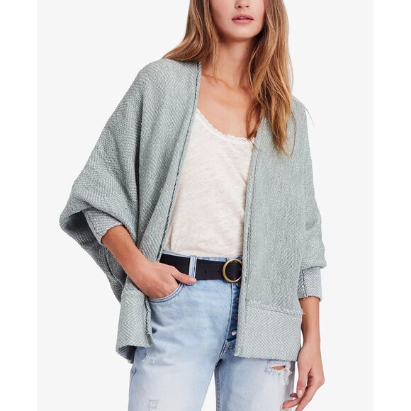 Free People Green Cotton Blend Long Sleeve Open Front Cardigan Womens Sweater M - Picture 1 of 12